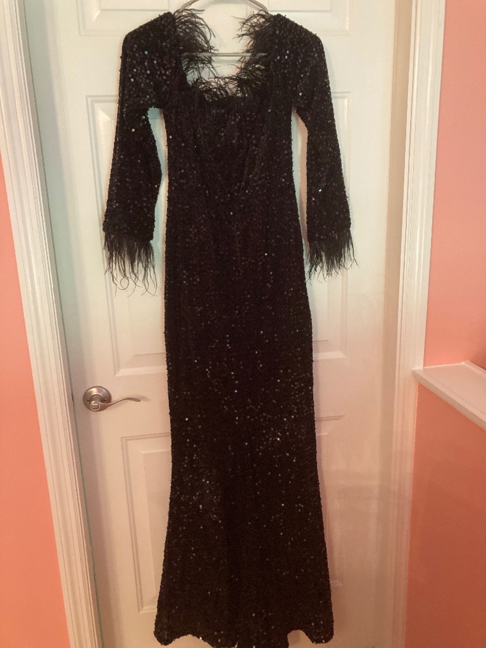 Off Shoulder Feather Sequin Evening Dress
